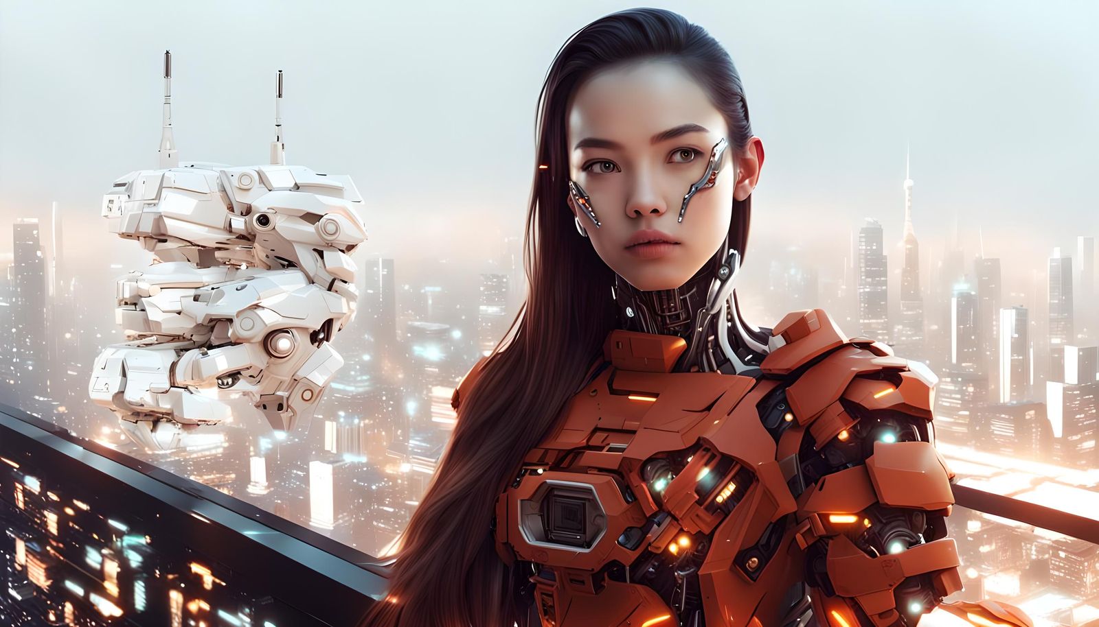 Cybernetic face of beautiful girl, frontal, many details, electrical white and brown mecha, nano robogirl, neon, cyberpu...