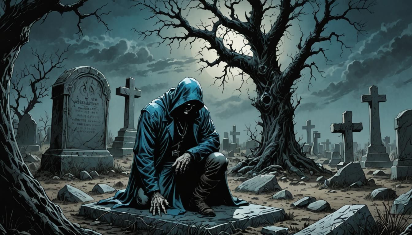 Deadman Kneeling at Grave in Comic Book Style