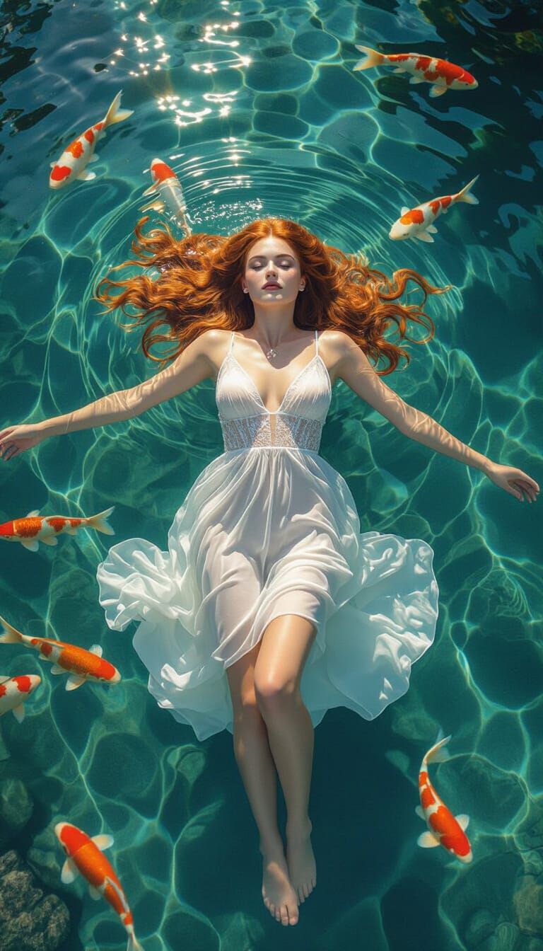 Redhead Woman Floating in Crystal Water: Hyperrealistic