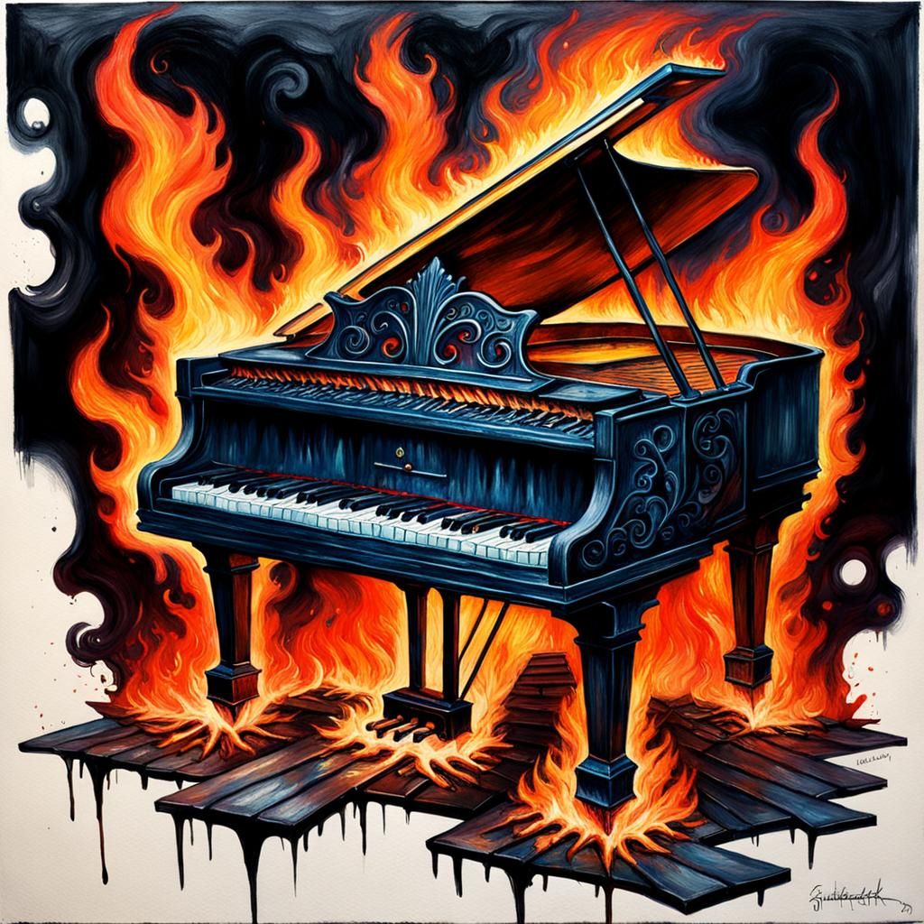 Burning Piano: Gothic Oil Painting in Dark Academia Style