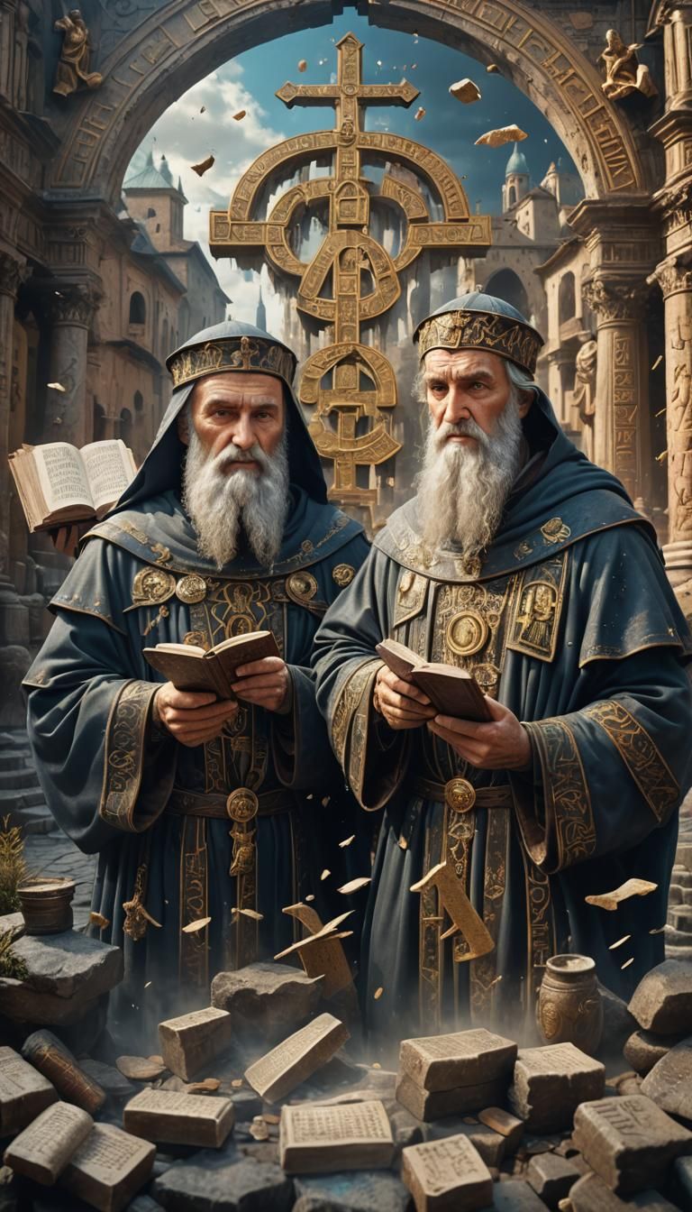 Cyril and Methodius in Ancient City with Alphabets