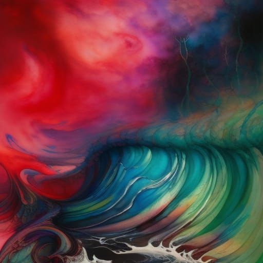 Colorful Ink Rivers in a Detailed Gouache Painting