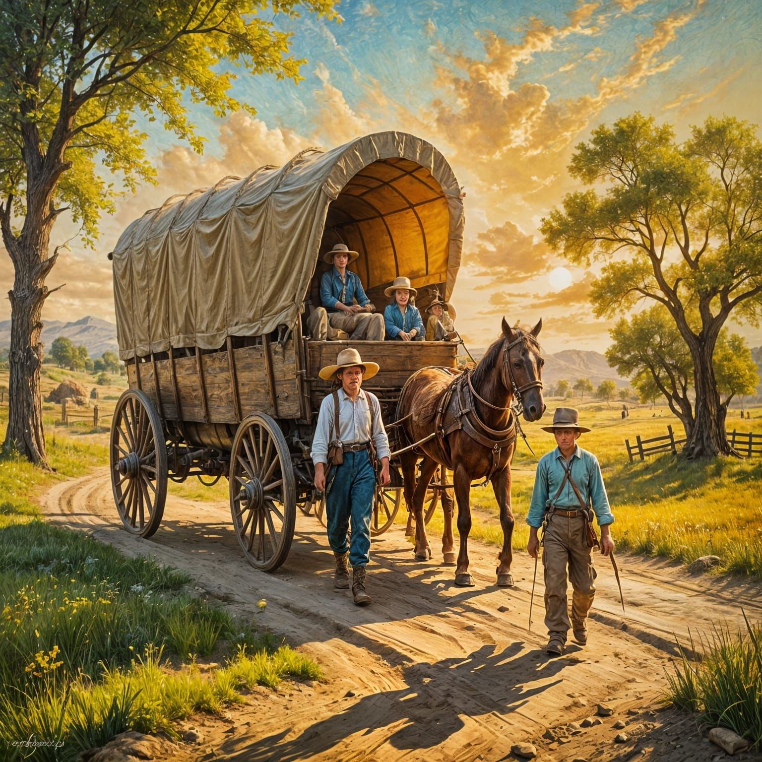 Family's Journey on the Oregon Trail: An Impasto Masterpiece