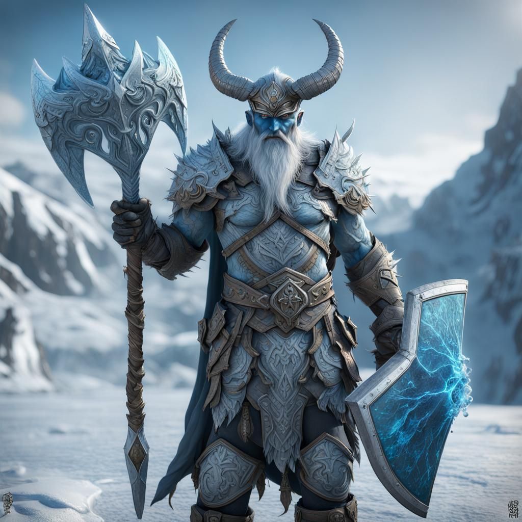 Frost Giant with Ice Axe in Frozen Landscape