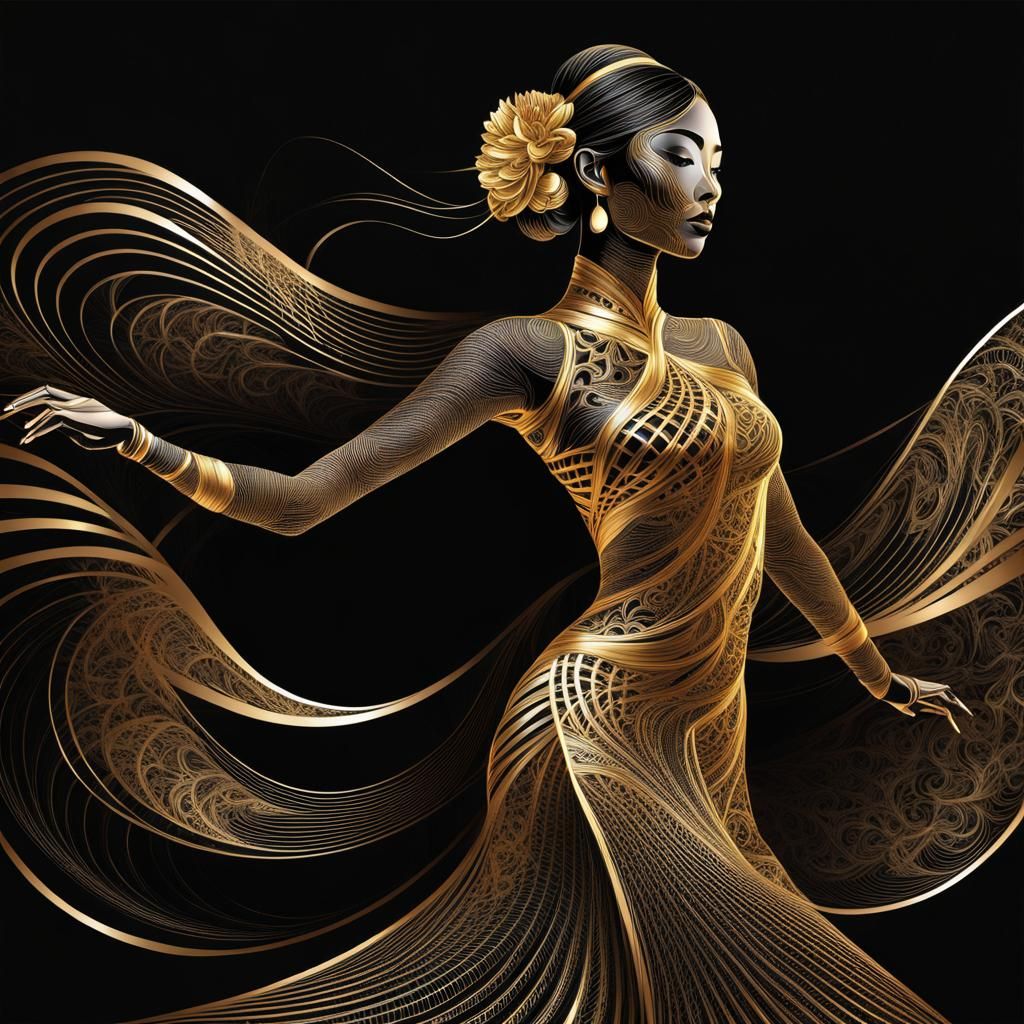 Asian Dancer with Golden Lines in Abstract Style