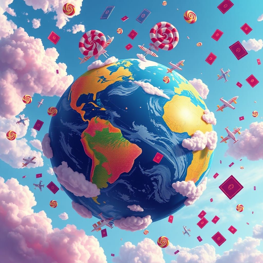 Whimsical Earth Globe with Candy Airplanes, Digital Illustra...