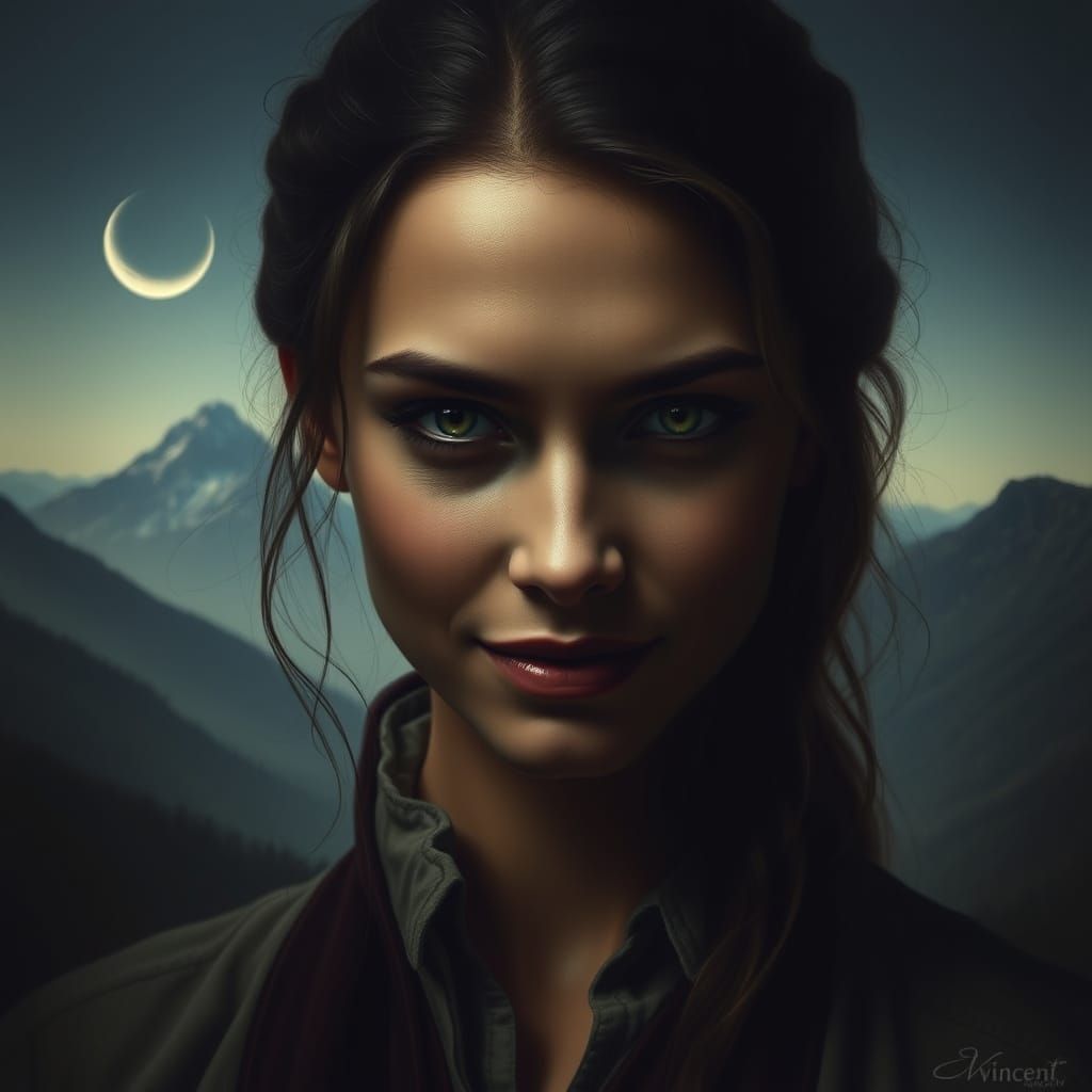 Mysterious Woman's Ethereal Portrait Under Moonlight