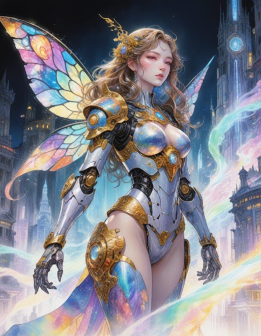 Feminine Mecha Warrior with Stained Glass Wings in Ethereal ...