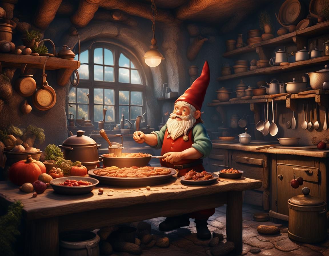Gnome Cooks Feast in Fantastical Kitchen