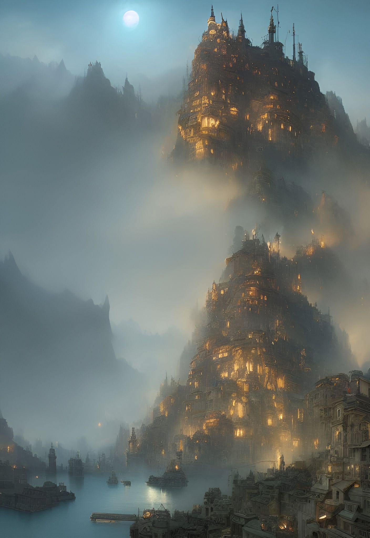 Steampunk City on Mountain Lake: Photorealistic Matte Painti...