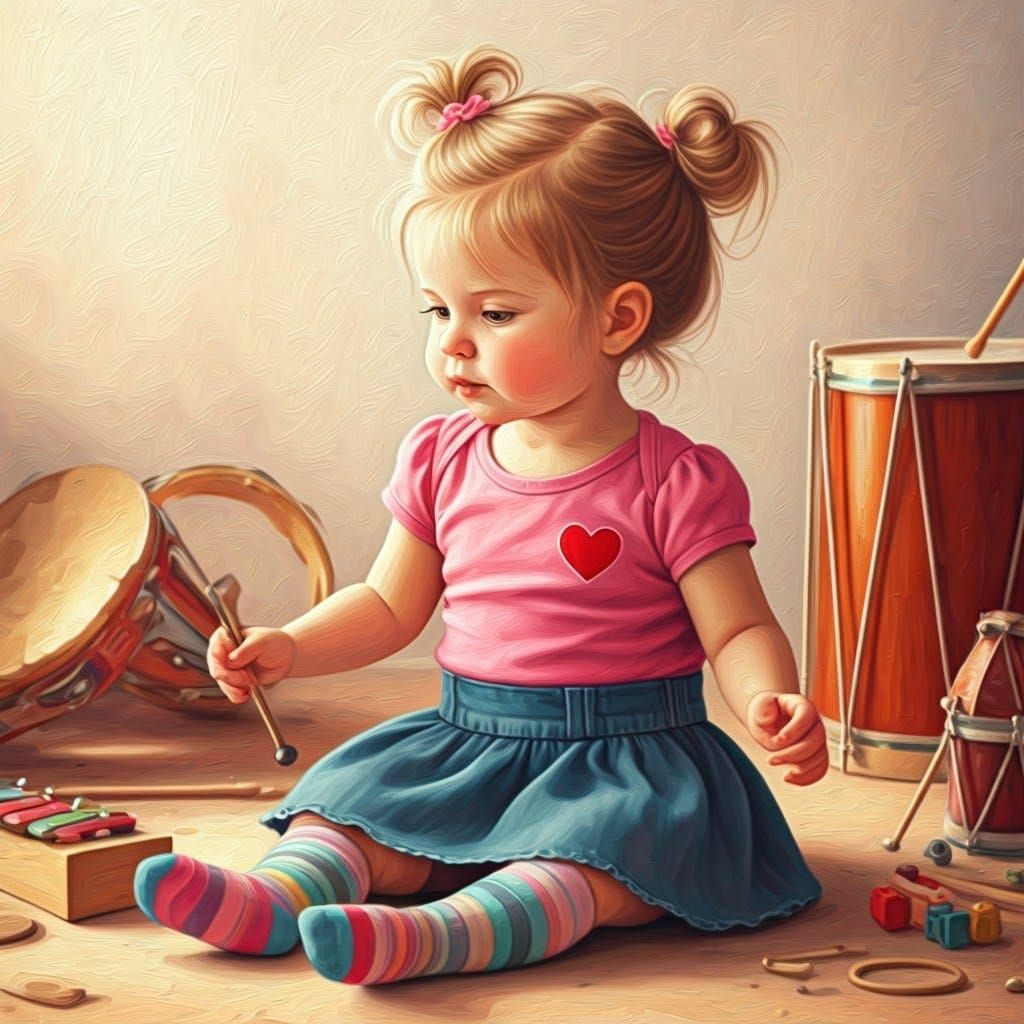 Toddler Girl Playing Music, Oil Painting Style