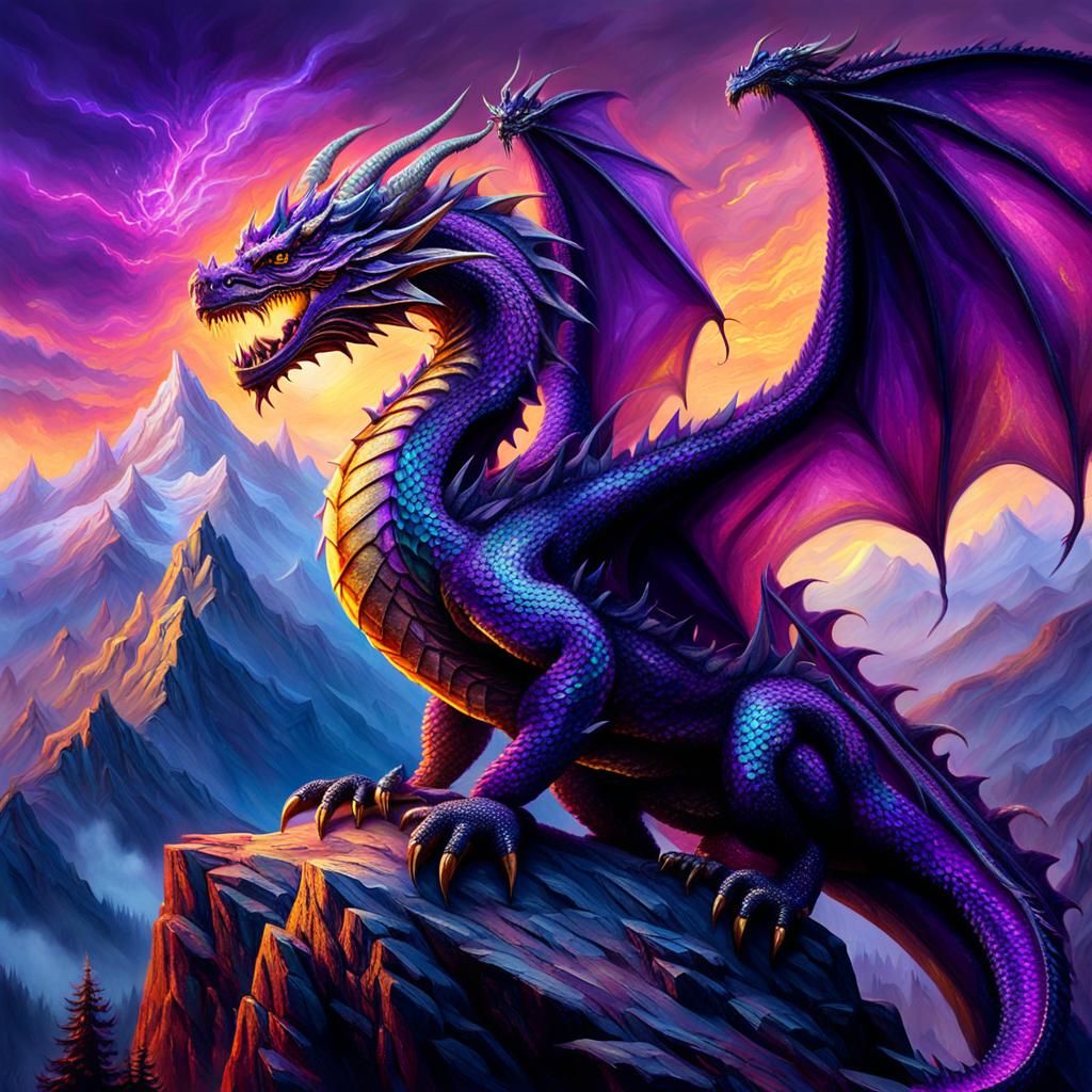 Regal Purple Dragon Perched on a Mountain Peak in Vibrant Oi...