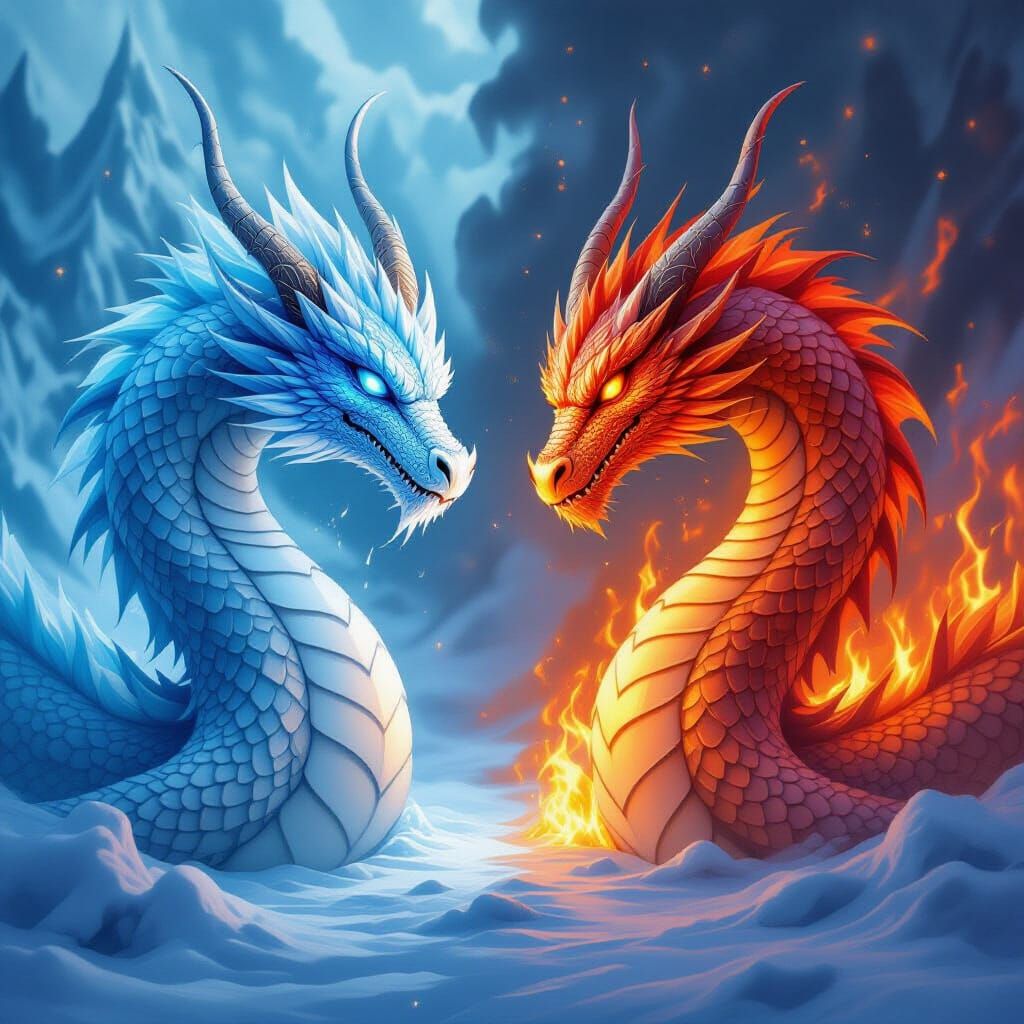 Ice and Fire Dragons Split in Surreal Digital Painting
