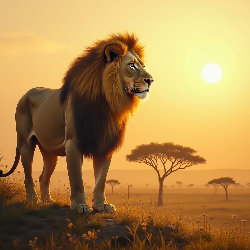 Majestic Lion with Golden Light Mane Stands on Sunlit Savann...