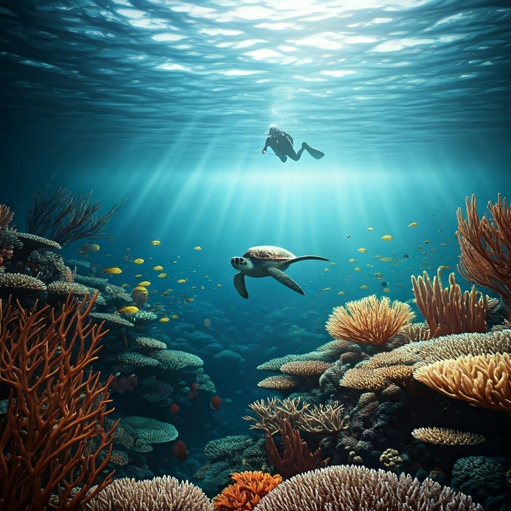 Underwater Turtle Scene with Diver in Hyperrealism