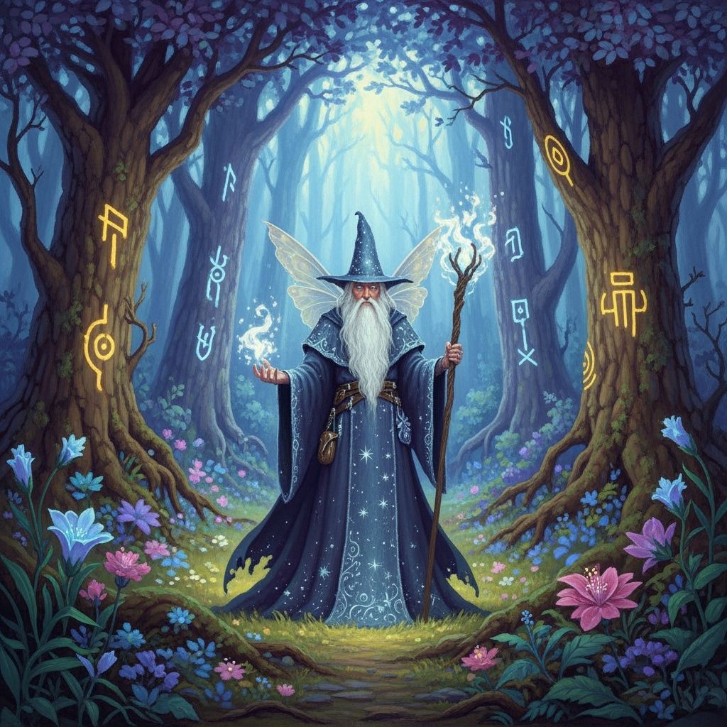 Fae Wizard in Moonlit Mystic Forest