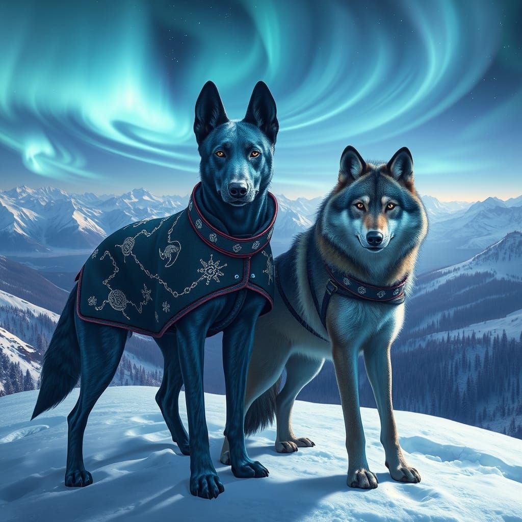 Blue Thai Ridgeback and Wolf Under Aurora