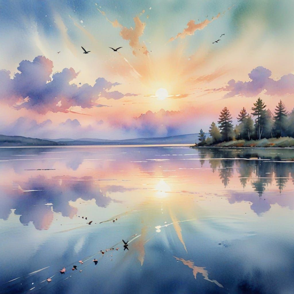 Great Salt Lake Watercolor Painting with Birds