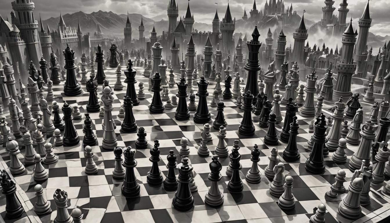 A majestic kingdom divided into two distinct realms: the black and white kingdoms of a chessboard