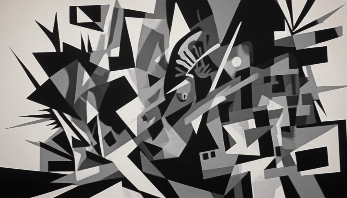 Cubist Tapestry of Chaos in Black, White, and Gray