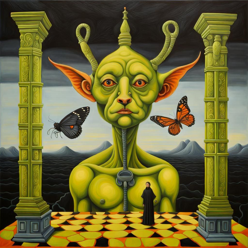 Surreal Oil Painting in Chartreuse, Orange, and Black