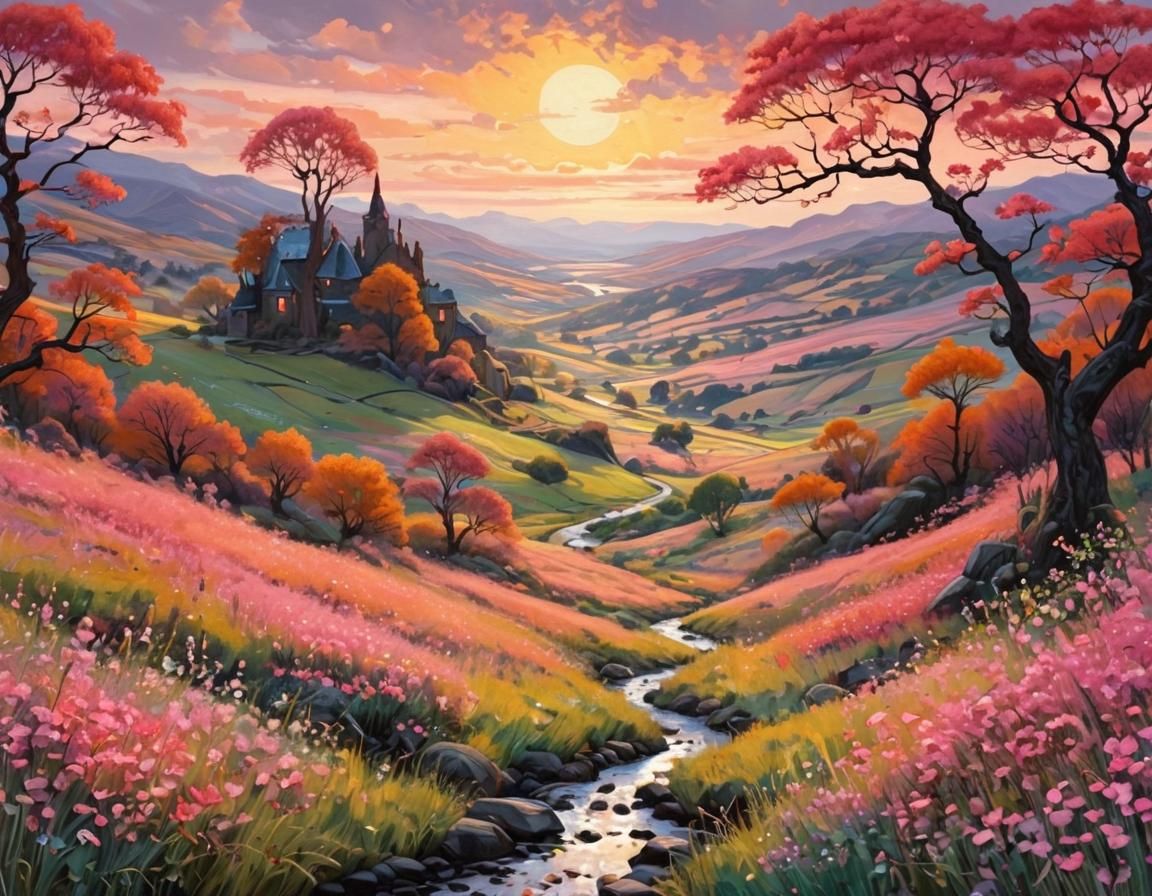 Surreal Scottish Spring Landscape Shines in Evening Light wi...