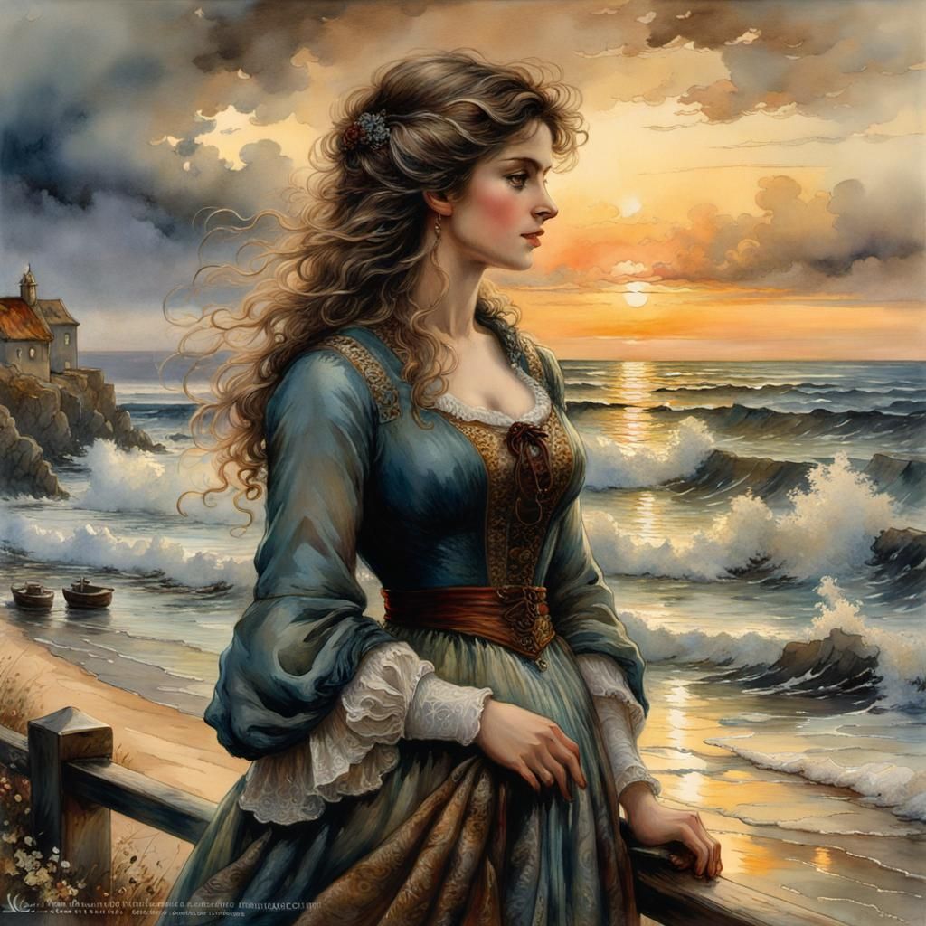 Melancholy Woman Gazing at Sunset in Watercolor