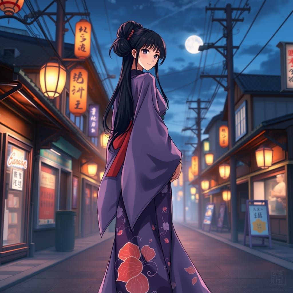 Anime Woman in Tranquil Japanese Town at Dusk