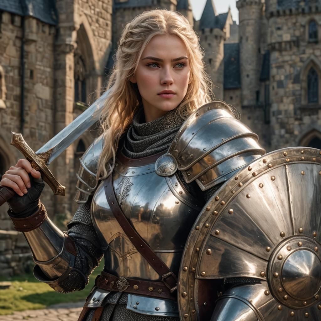 22 year old girl, long blonde hair, polished armour, thick leather belt, studded metal shield on left forearm, sword in ...