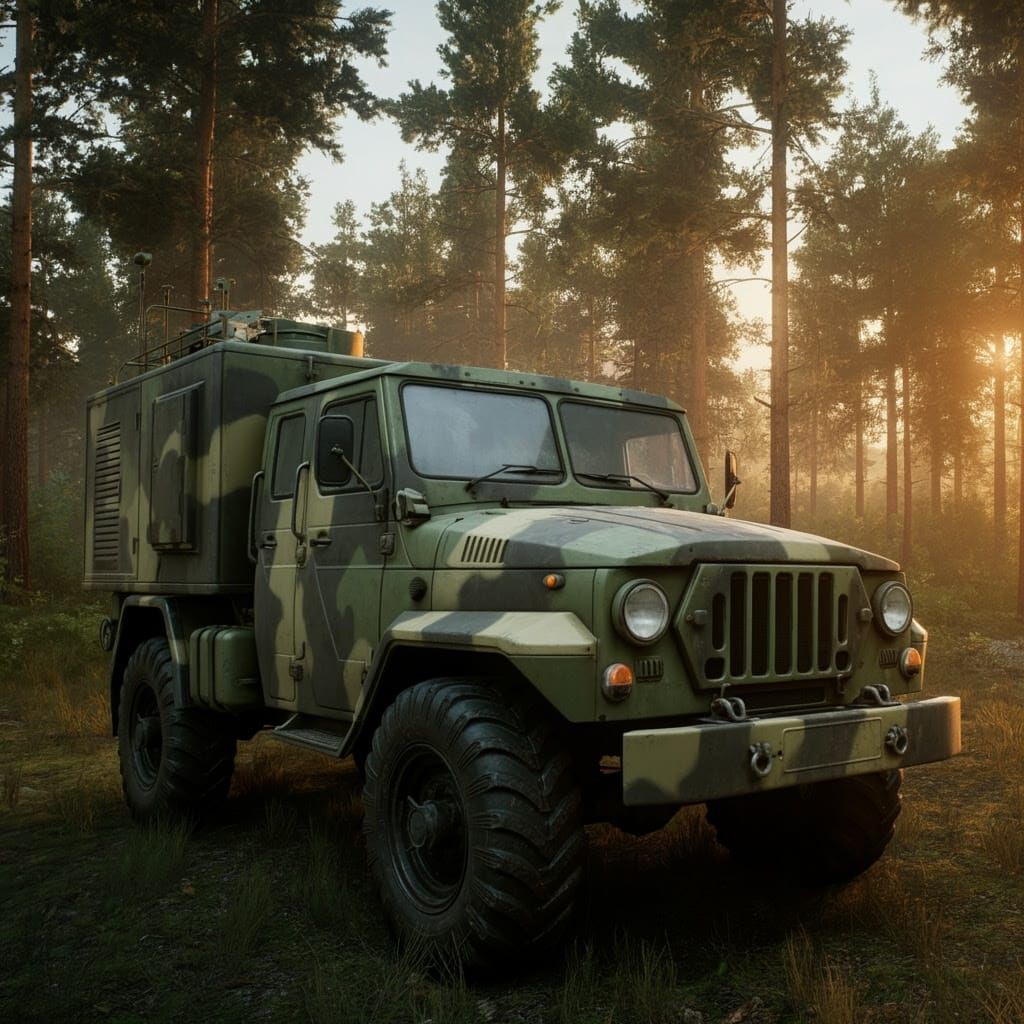 Militar Truck in Camouflaged Forest at Sunset