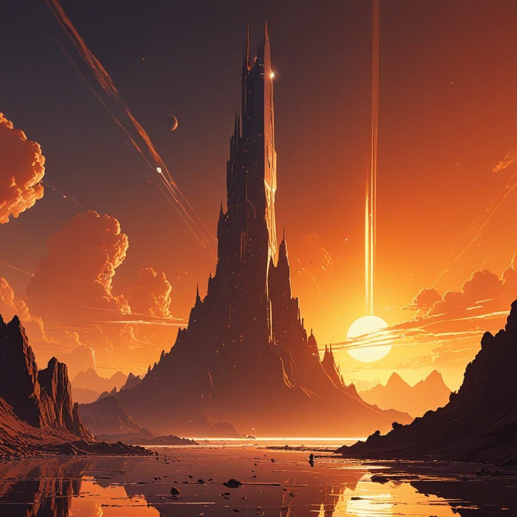 Ancient Sun Tower with Plasma Energy in Syd Mead Style