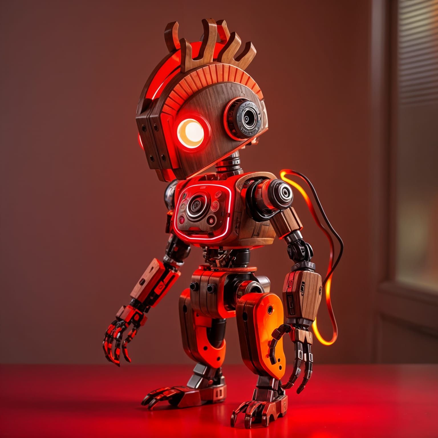 Unique Wooden Robot with Neon Glow