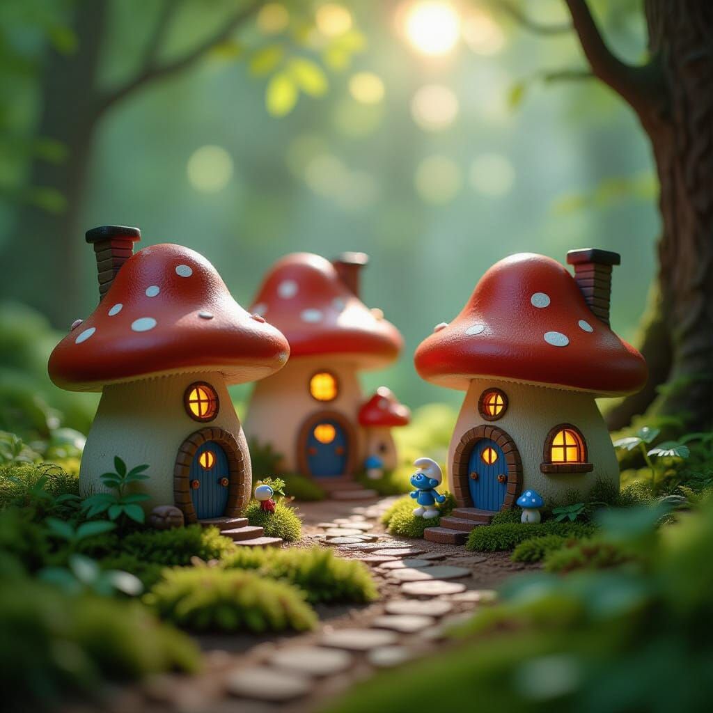 Enchanted Smurf Village in Forest Sunlight