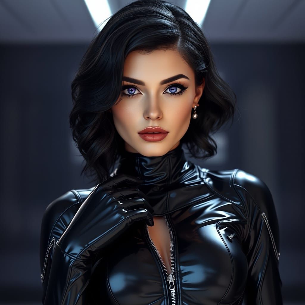 Hyperrealistic Goth Woman in Latex Rubber Room