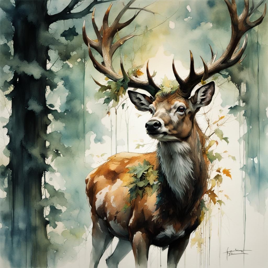 Majestic Deer Emerges: Vibrant Watercolor Painting