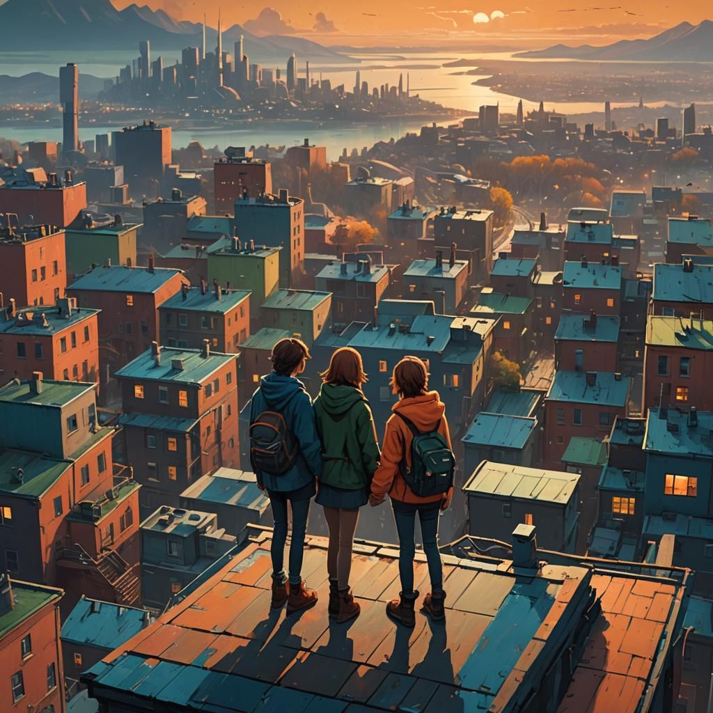 Rooftop Teens Admire Cityscape in Detailed Matte Painting