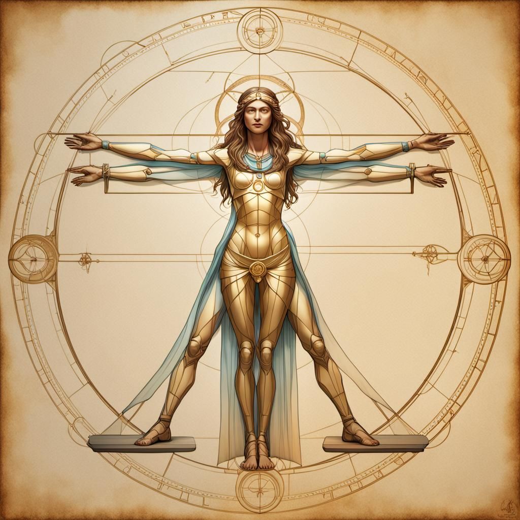"The Vitruvian Woman: 1490 drawing inspired by Vitruvius. Woman in overlapping positions forming circle & square,8k reso...