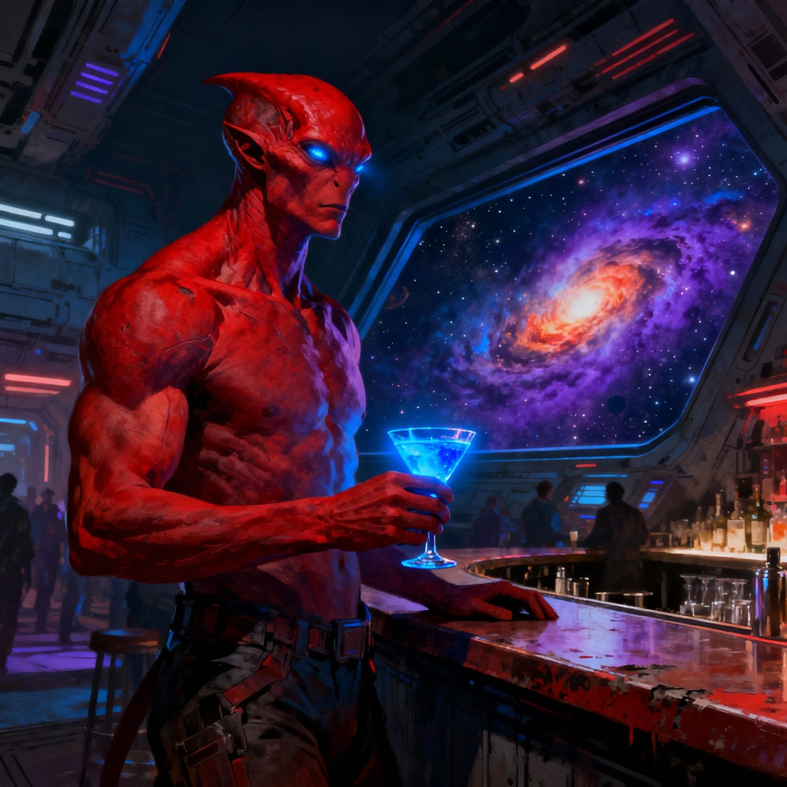 Red Skinned Alien Bartender in Space Station Bar