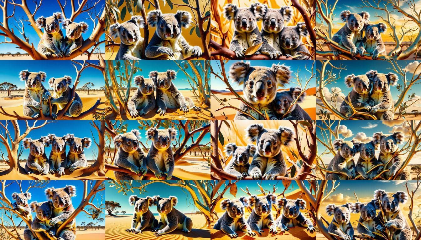 In a surreal Salvador Dali painting of the Australian outback, koalas melt towards Golden sands from the branches of an ...