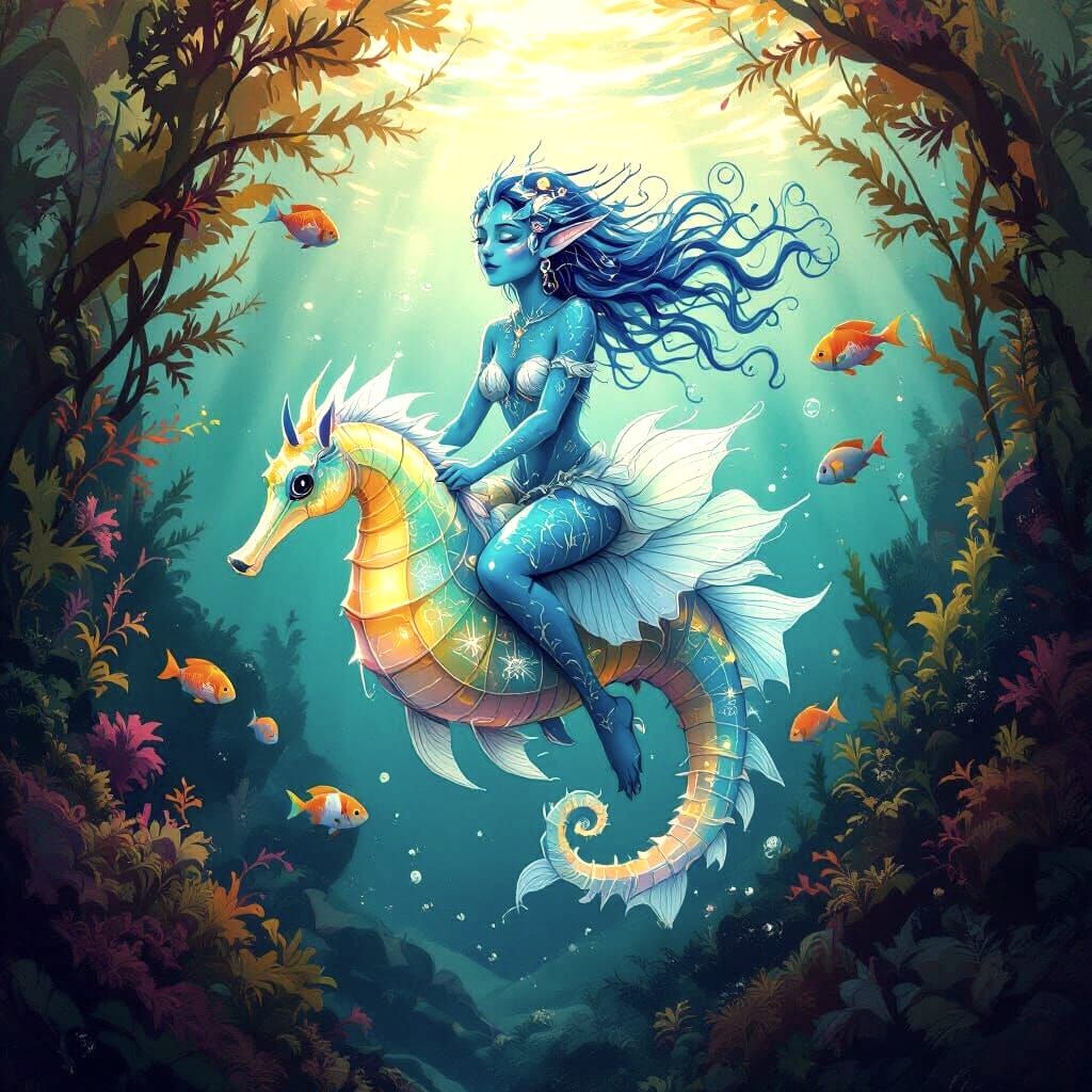 Sea-Elf Rides Bioluminescent Seahorse in Mixed-Media Style