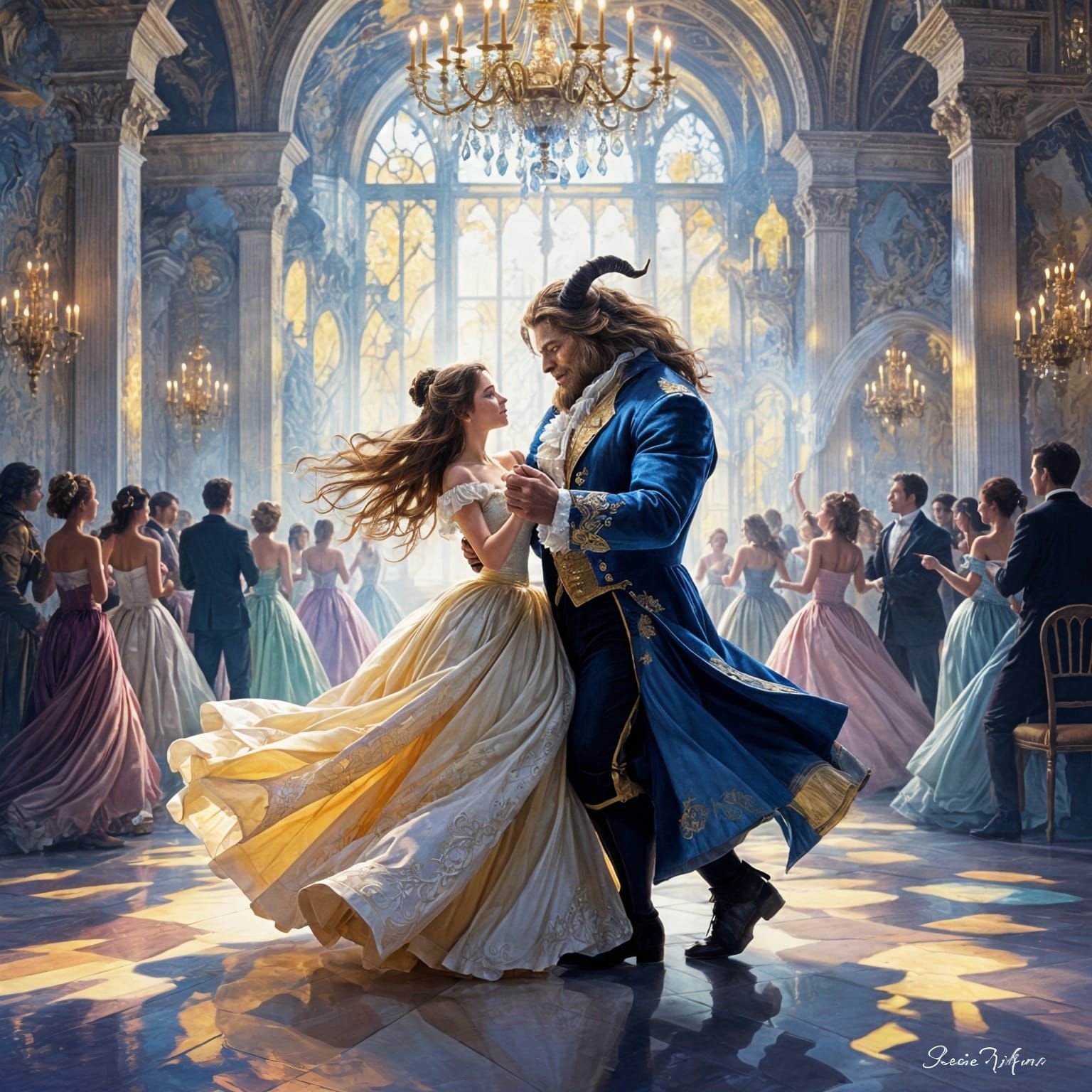 Beauty and the Beast Dancing in Surreal Impressionism