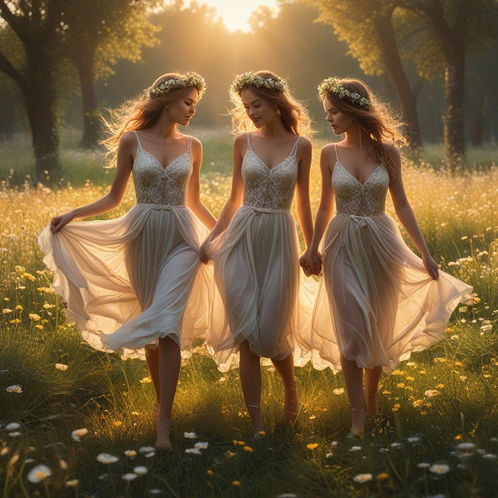 Three Nymphs Dance in a Sunlit Meadow, Whimsical Fantasy Sce...
