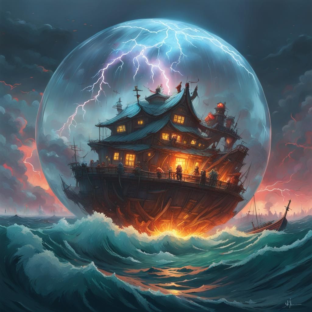 Tempestuous Seas in Glass Sphere: Digital Art