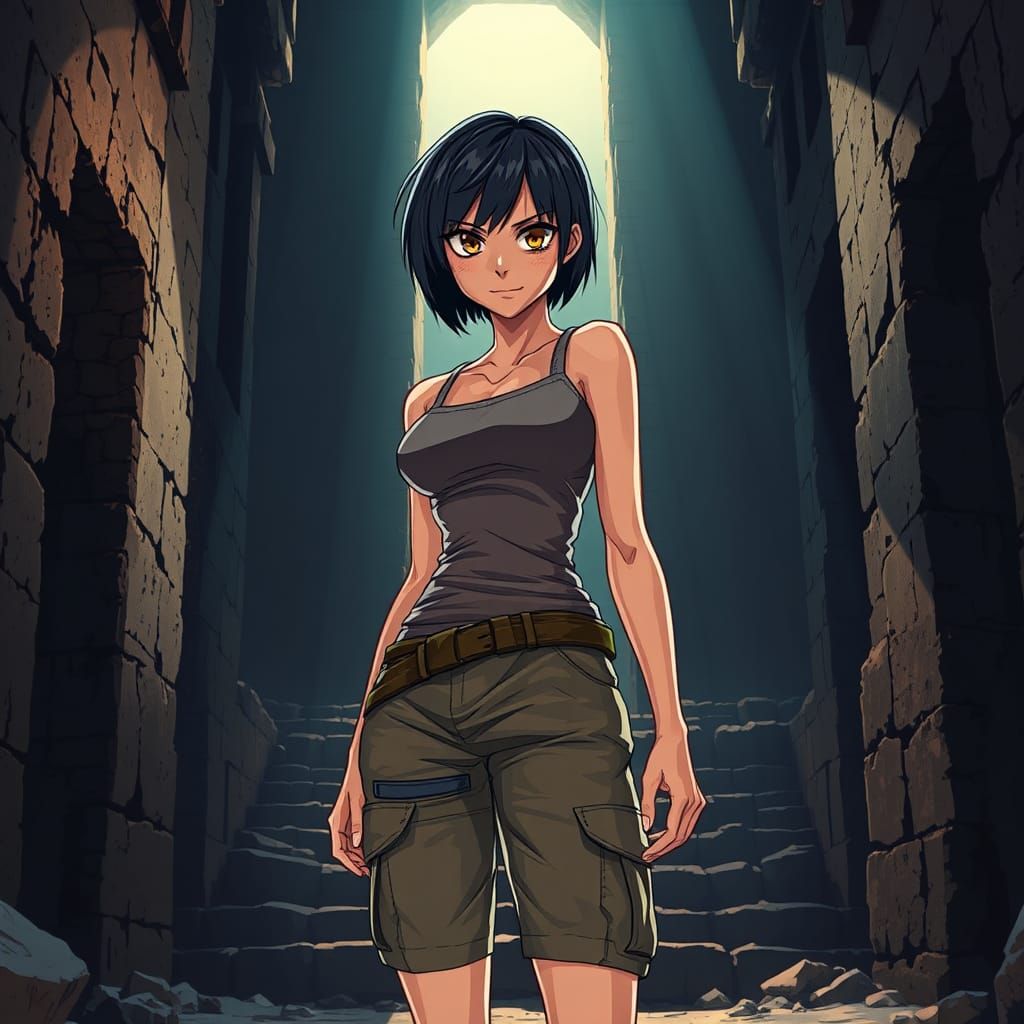 Anime Woman in Ancient Temple, Cel-Shaded Style