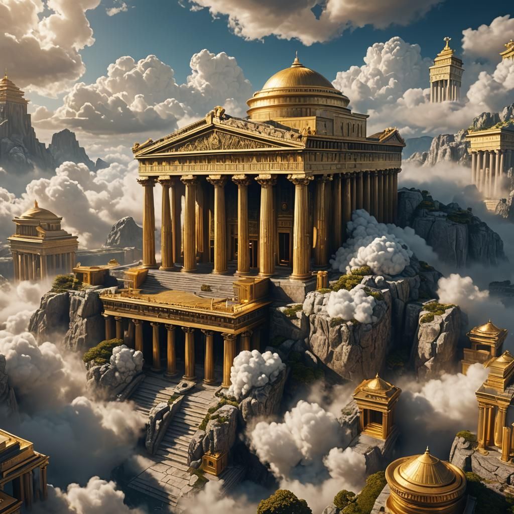 Golden Greek Temple in Clouds: Fantasy Art