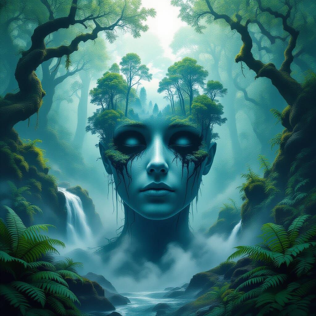 Surreal Head Dissolving into Forest: Digital Dreamscape