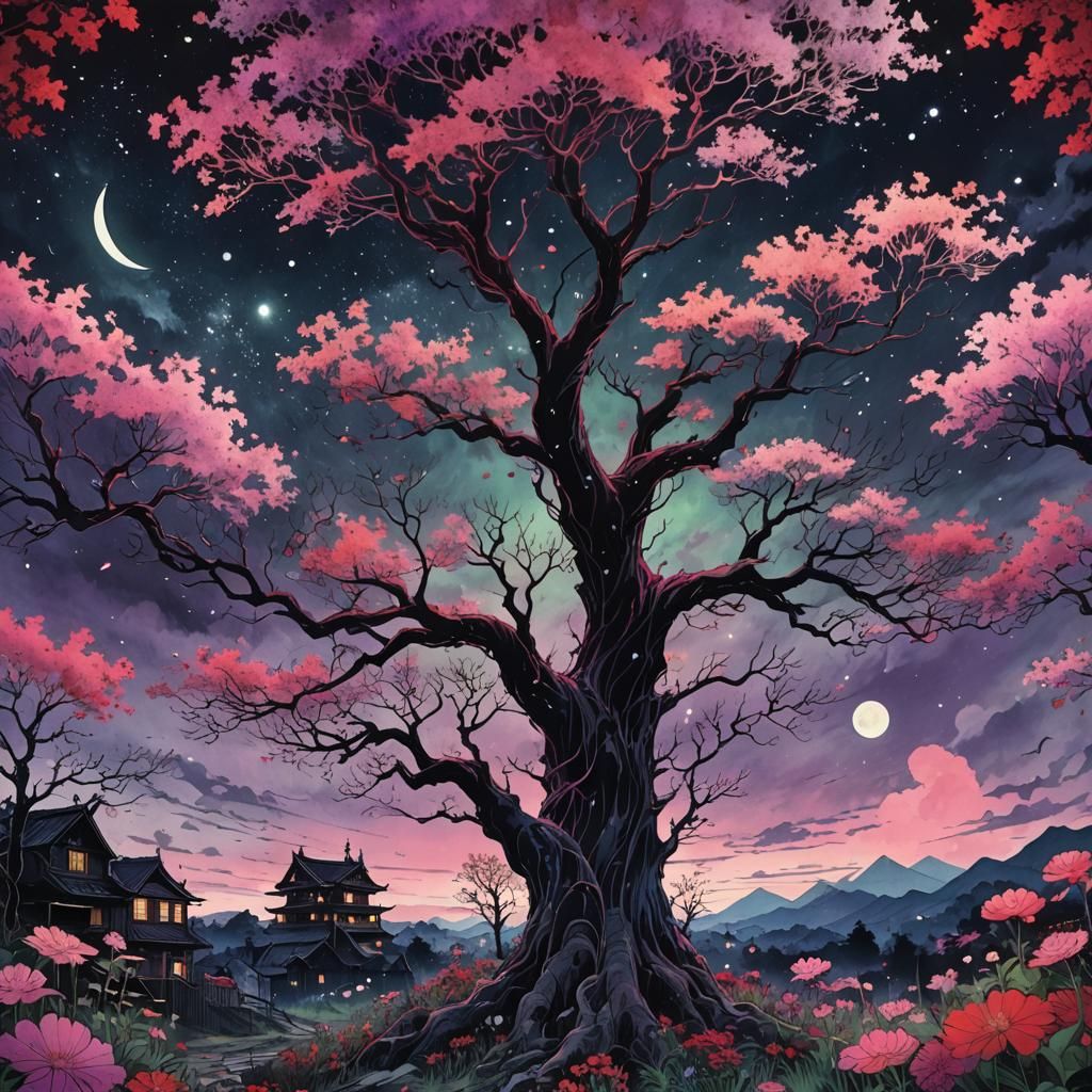 Eldritch Fantasy Landscape in 80s Anime Style