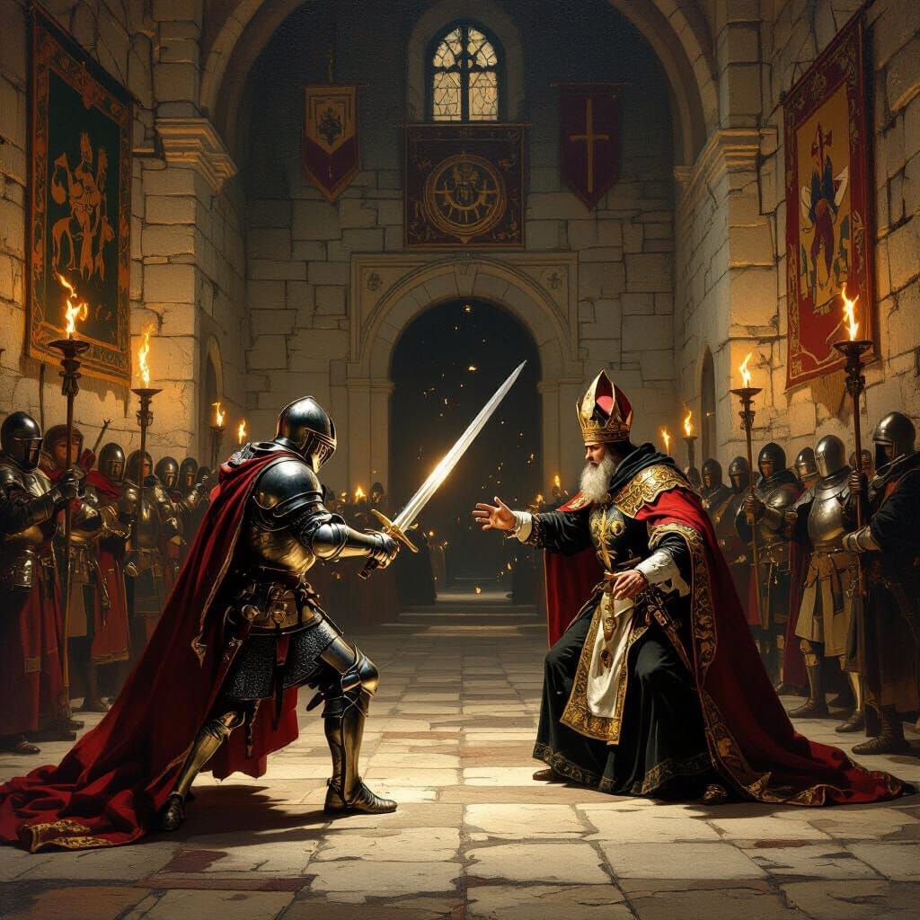 Knight vs Bishop Battle in Medieval Castle Hall