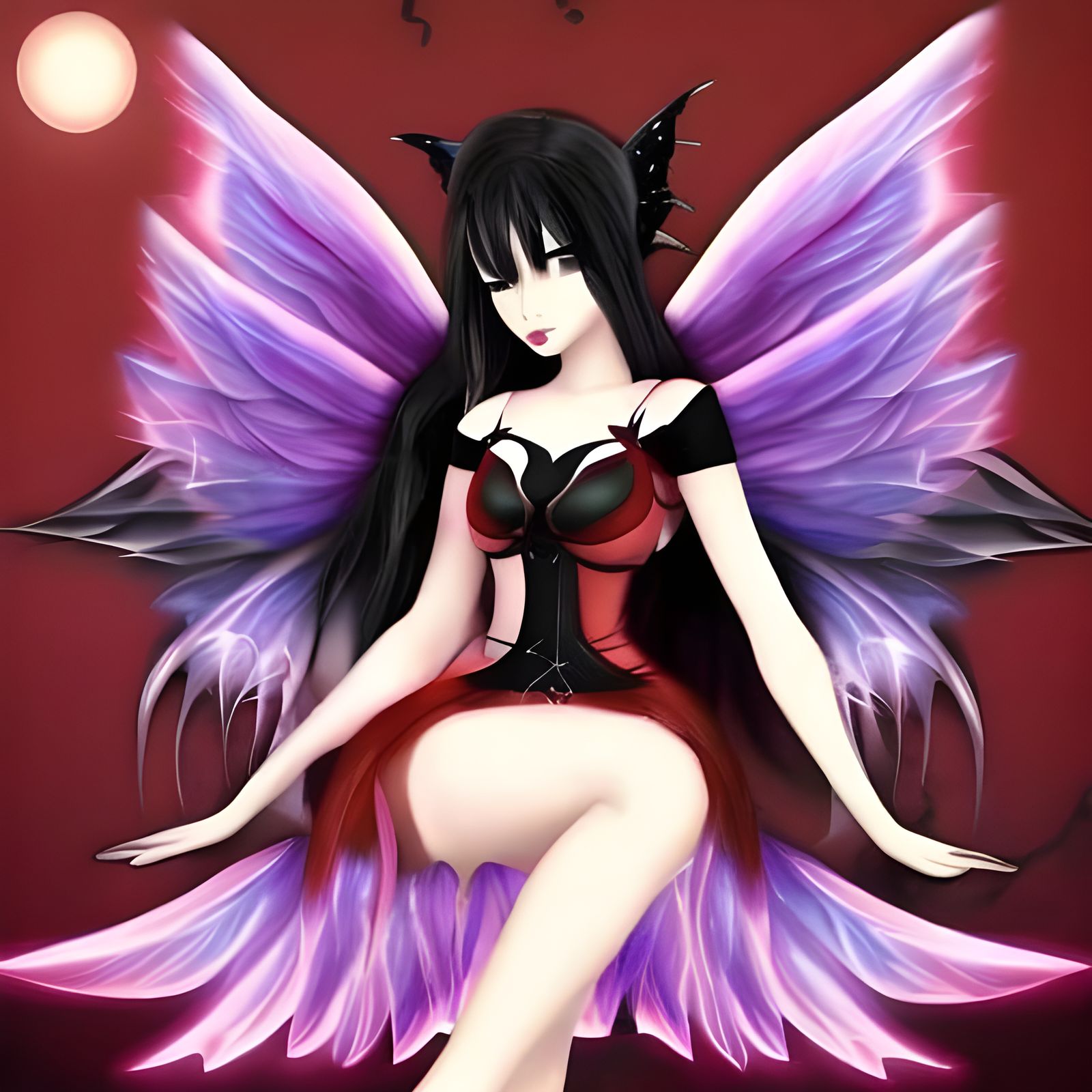 Gothic Anime Cat with Fairy Wings Under Blood Moon