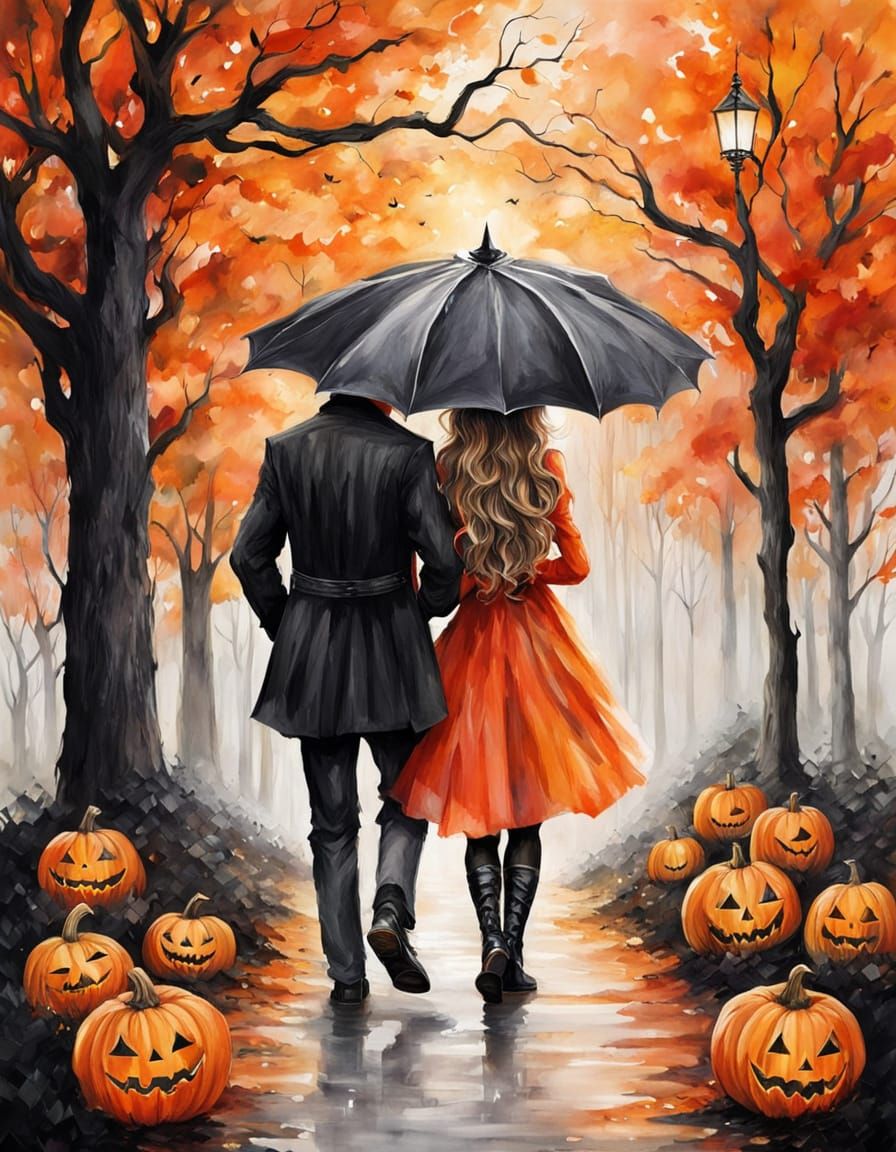 Couple in Halloween Costumes, Watercolor Style